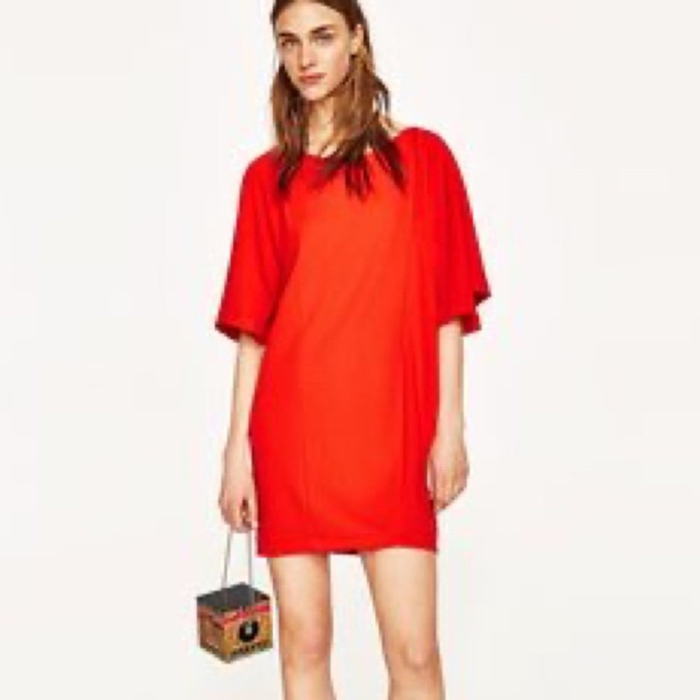 ZARA Orange Flutter Sleeve Textured Mini Tunic Sheath Dress - S